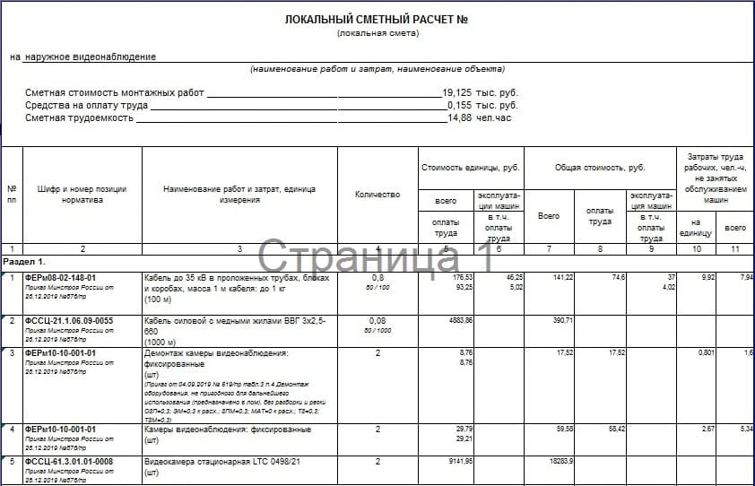 Образец сметы на наружное видеонаблюдение