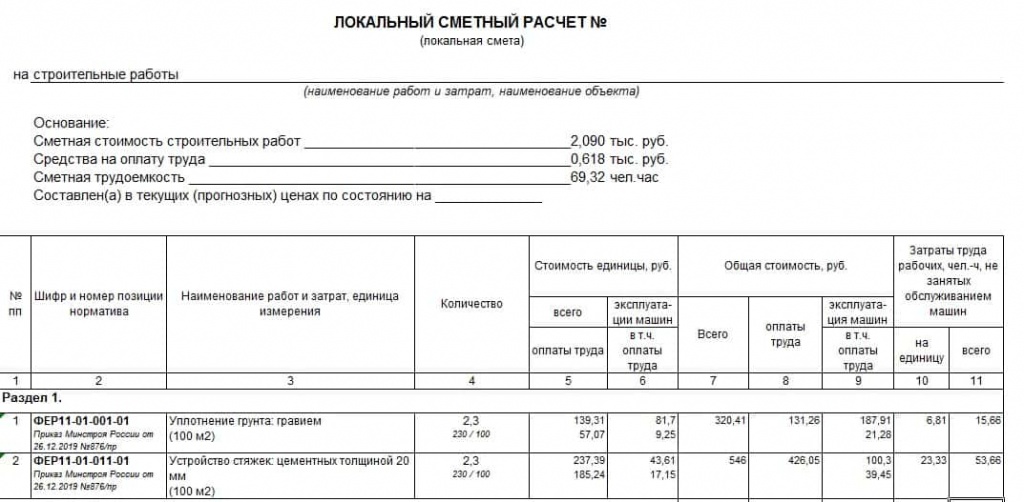 Смета на строительные работы