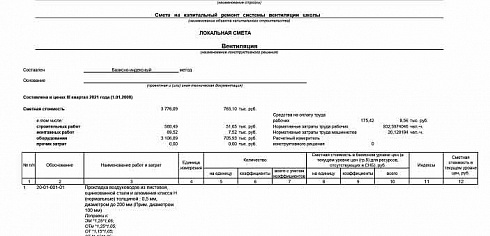 Смета на капитальный ремонт системы вентиляции школы